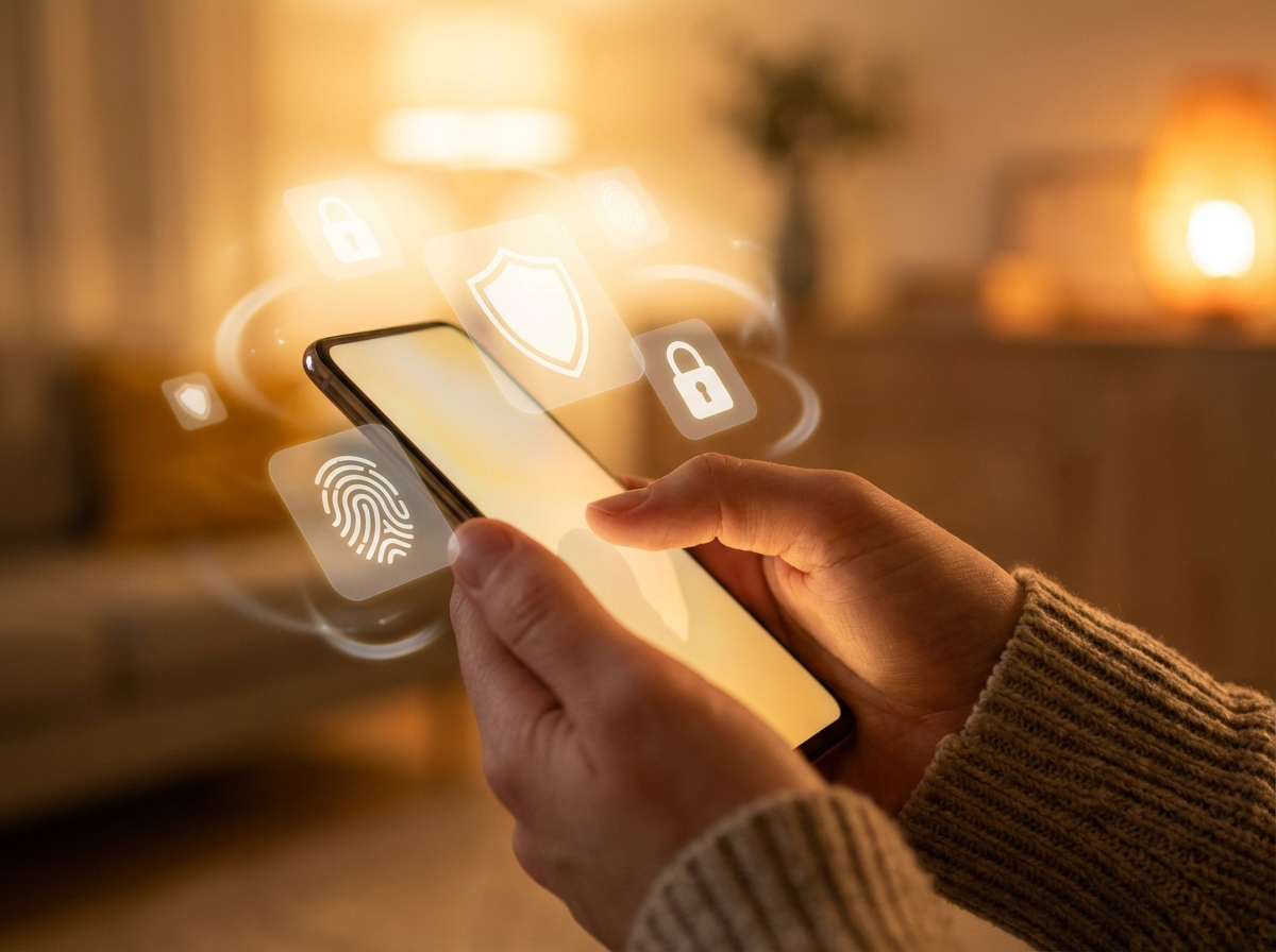 Close up of a person thumb clicking on a smartphone screen, digital privacy icons floating in background, warm lighting, lifestyle photography, aspect ratio 4:3, no text