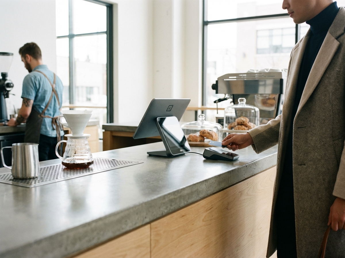 Modern cafe counter with a sleek payment terminal and a person standing in front, professional photography style, bright balanced lighting, aspect ratio 4:3, no text