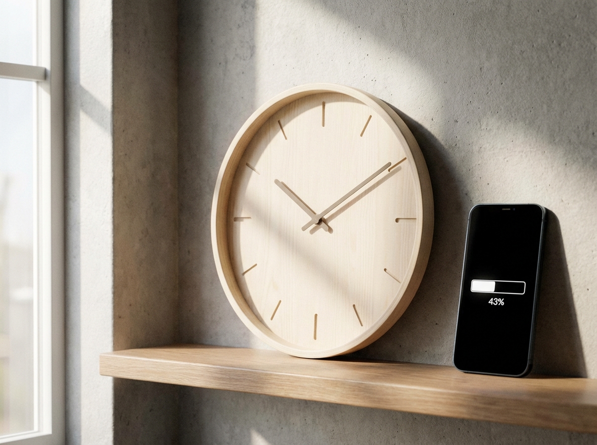 A minimalist wall clock next to a smartphone showing a loading progress bar, soft natural lighting, high quality render, aspect ratio 4:3, no text