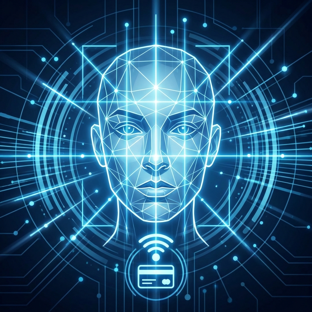 A modern and clean infographic illustrating facial recognition payment technology, a stylized human face scanned by a digital grid, glowing blue and white tones, futuristic interface, high contrast, 1:1 aspect ratio, no visible text.