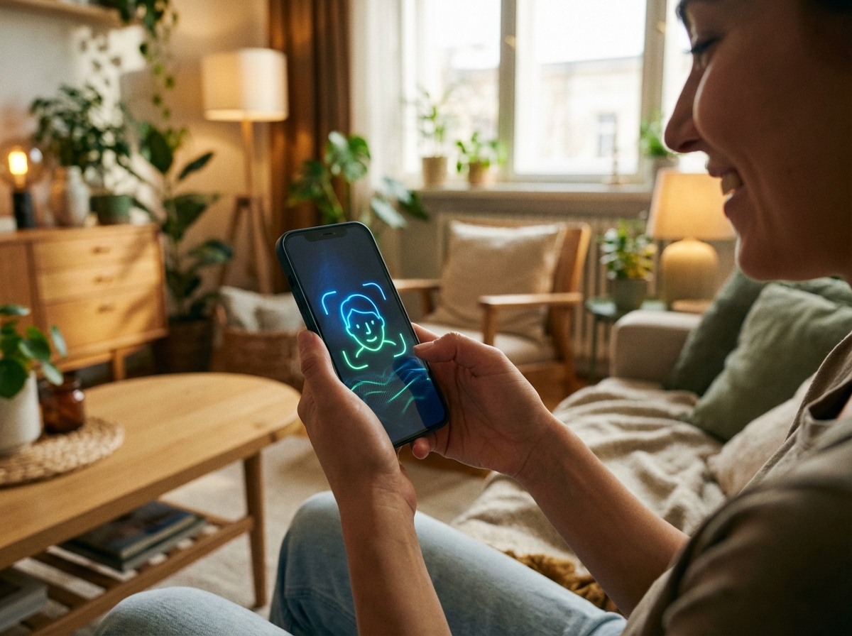 Realistic photography of a person holding a modern smartphone, a glowing facial recognition icon on the screen, secure biometrics concept, warm indoor lighting, natural setting, 4:3 aspect ratio, no visible text.