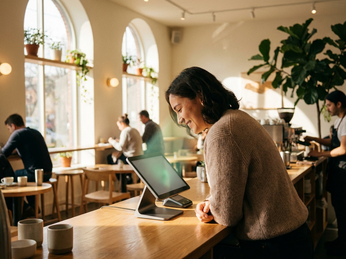 Lifestyle photography of a person standing at a minimalist cafe counter, a digital payment terminal scanning the person face, soft morning sunlight through windows, natural and cozy atmosphere, 4:3 aspect ratio, no visible text.