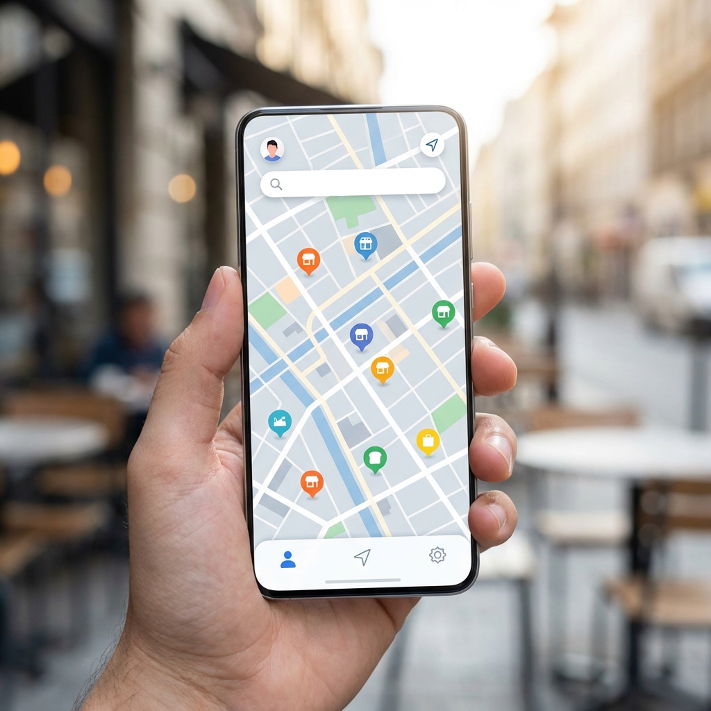 Clean and modern UI concept of a map app on a smartphone, colorful store icons scattered on a city map, high resolution, bright and balanced lighting, 1:1 aspect ratio, no visible text.