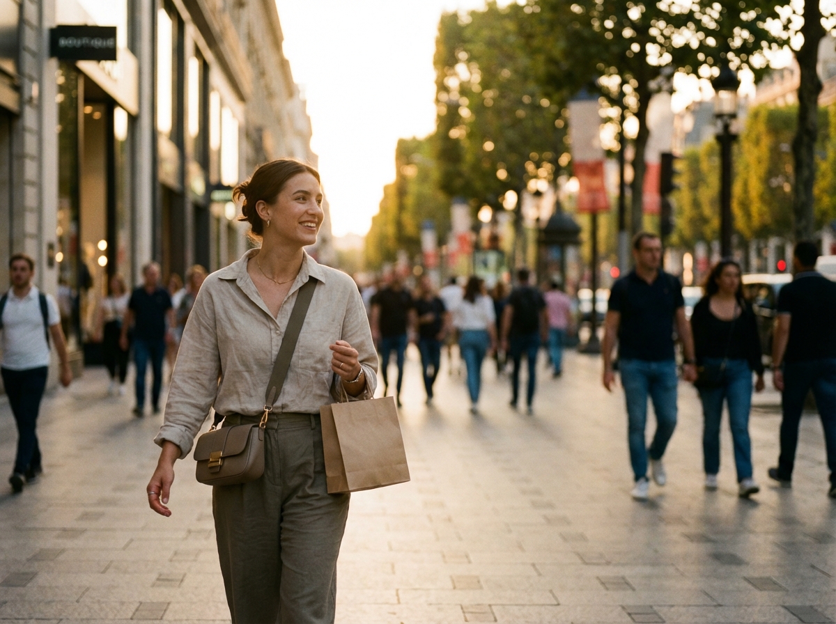 A happy person walking on a stylish city street, holding a small shopping bag, looking relaxed and hands free, warm sunset lighting, cinematic depth of field, 4:3 aspect ratio, no visible text.