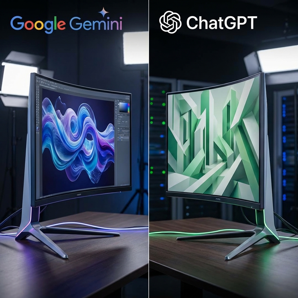Side by side comparison of two modern AI interfaces on high-tech computer monitors, one showing a sleek Google Gemini logo and the other showing a minimalist ChatGPT logo, creative digital art being generated on screens, professional studio background, cinematic lighting, aspect ratio 1:1, no text