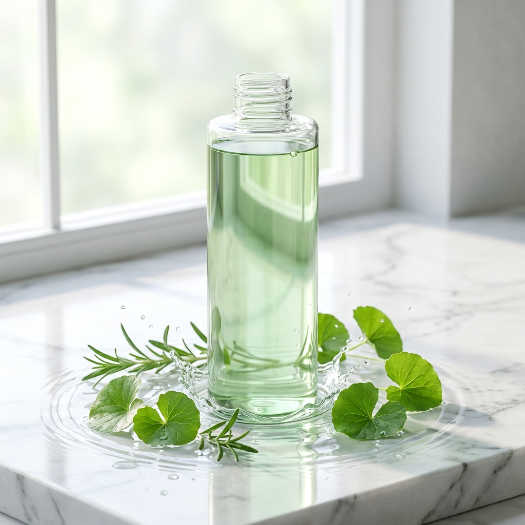 Professional commercial product photography of a glass toner bottle with green herbs and cica leaves, water splashes and ripples on a clean white marble surface, soft natural lighting, high resolution, realistic texture, aspect ratio 1:1, no text