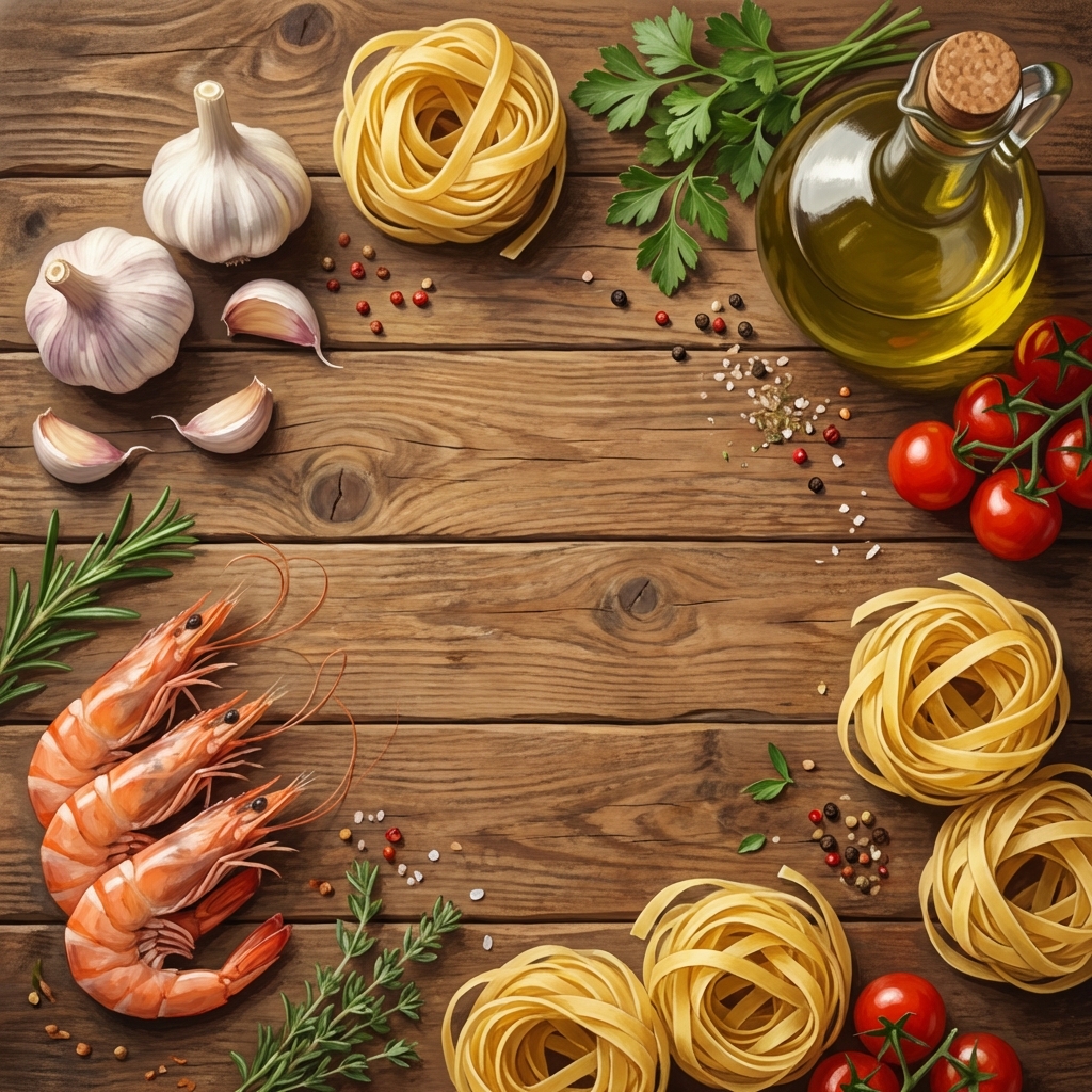 A top down view of a wooden kitchen table with shrimp pasta ingredients, raw shrimps, garlic, pasta noodles, and olive oil arranged neatly, rustic and warm atmosphere, high quality digital illustration, aspect ratio 1:1, no text