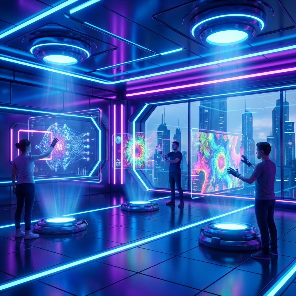 A futuristic digital art studio with floating holographic interfaces showing AI neural networks and colorful creative patterns, vibrant blue and purple neon lighting, high tech and inspirational mood, aspect ratio 1:1, no text