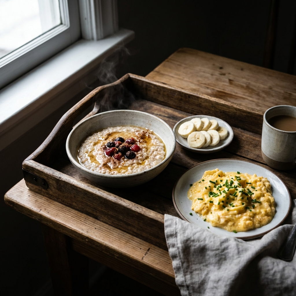 A bowl of warm porridge, soft scrambled eggs, and a sliced banana on a wooden tray, natural lighting, high contrast lifestyle photography, 1:1 aspect ratio, no text.