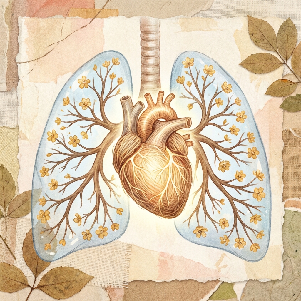 A symbolic illustration showing a healthy heart and clean lungs, soft artistic rendering, textured background, warm color palette, 1:1 aspect ratio, no text.