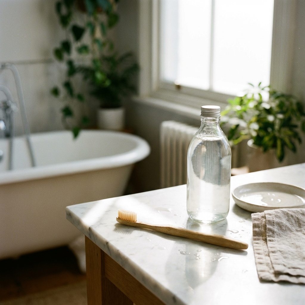 A lifestyle shot of a soft-bristled toothbrush and a bottle of clear mouthwash on a marble bathroom counter, bright and balanced lighting, 1:1 aspect ratio, no text.