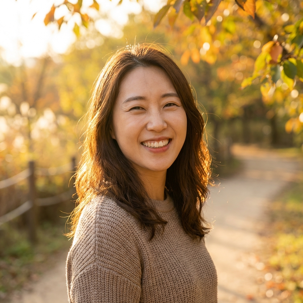 A happy person with a natural and bright smile, outdoor setting with soft sunlight, Korean appearance, realistic photography, 1:1 aspect ratio, no text.