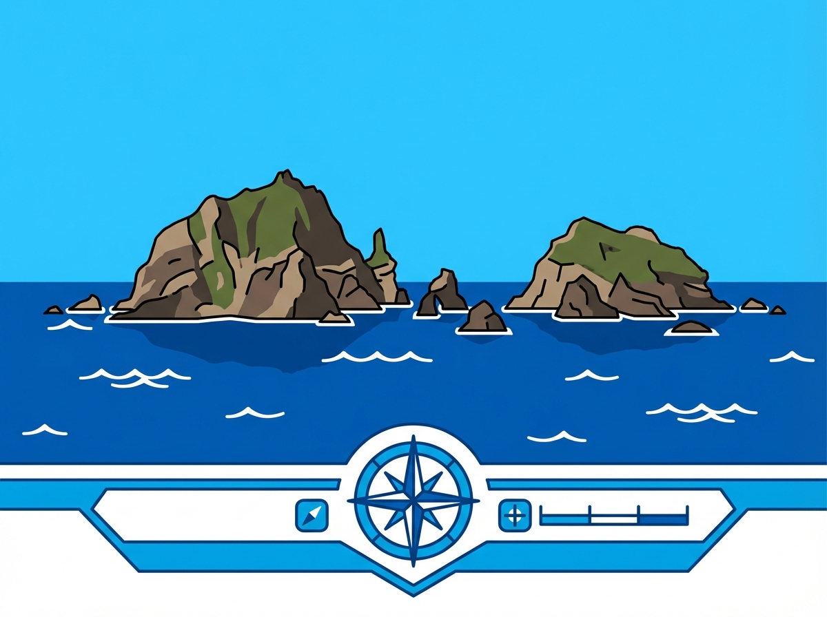 A panoramic view of Dokdo Island in the East Sea under a clear blue sky, clean infographic style, modern layout, high contrast, 4:3 aspect ratio, no text