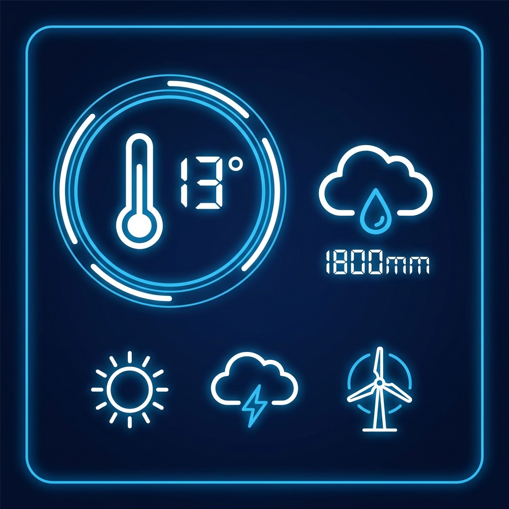 Modern weather icons showing temperature 13 degrees and rainfall 1800mm, clean digital interface design, blue and white theme, 1:1 aspect ratio, no text