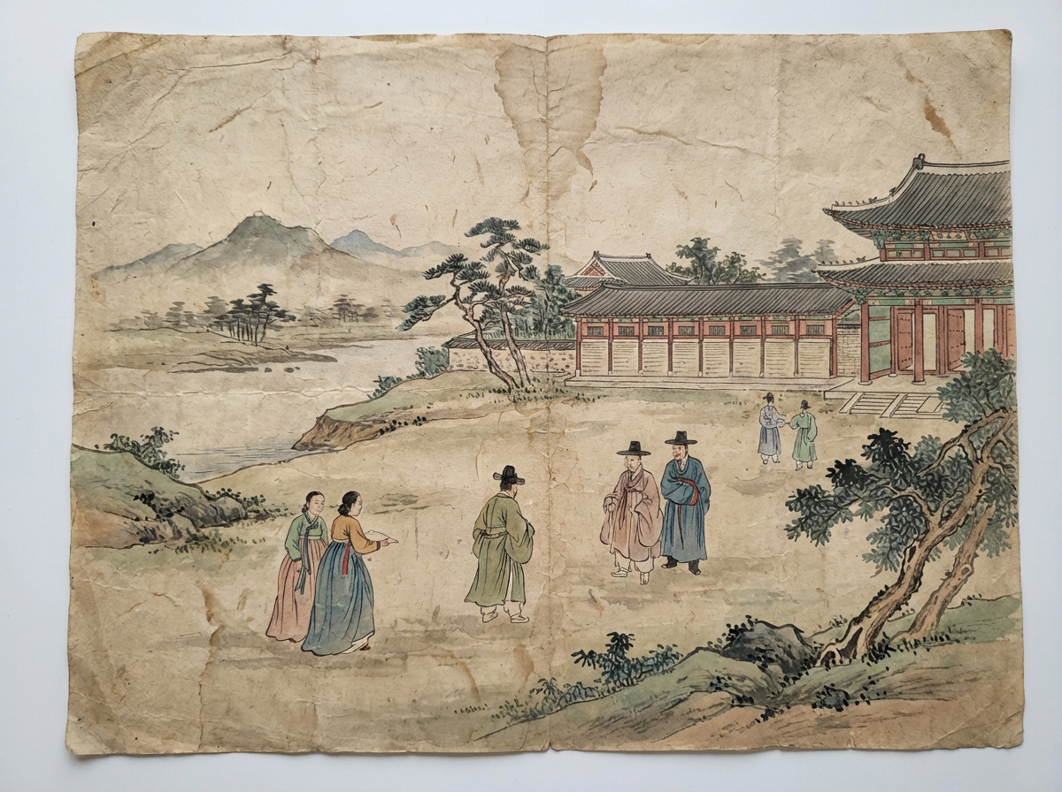 An old Korean historical document illustration, traditional paper texture, artistic rendering, soft lighting, 4:3 aspect ratio, no text