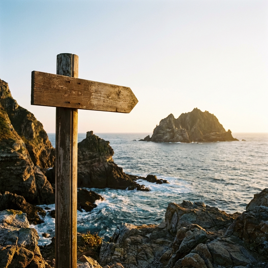 A wooden signpost on a rocky island coast pointing towards Dokdo, realistic photography, warm sunlight, 1:1 aspect ratio, no text