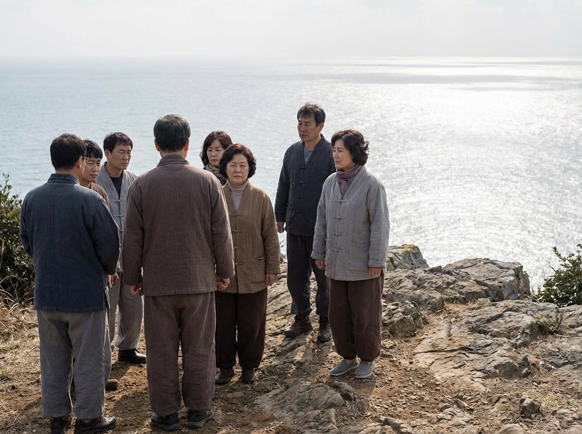 A group of Korean people looking at the horizon from a cliff, symbolic lifestyle photography, bright balanced lighting, 4:3 aspect ratio, no text