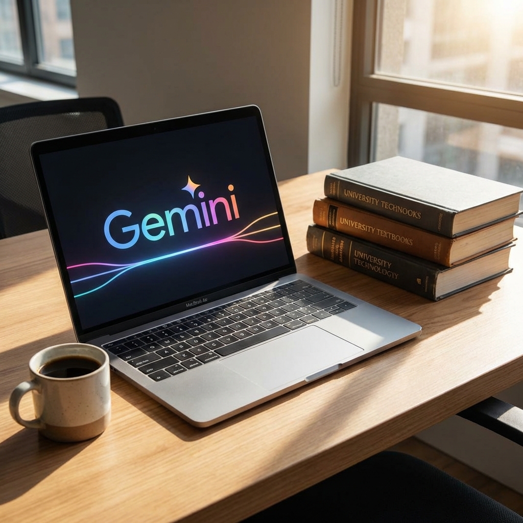 A modern office desk with a laptop displaying a vibrant Google Gemini AI logo, a cup of coffee, and university textbooks, sunny natural lighting, realistic photography style, 1:1 aspect ratio, no visible text.