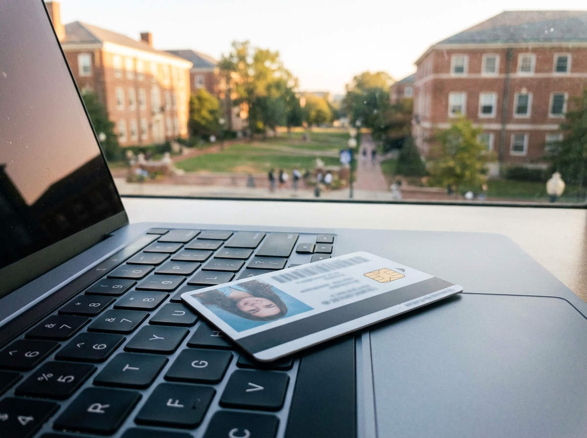 A close up shot of a university student ID card resting on a sleek laptop keyboard, university campus background through a window, soft morning light, 4:3 aspect ratio, no visible text.