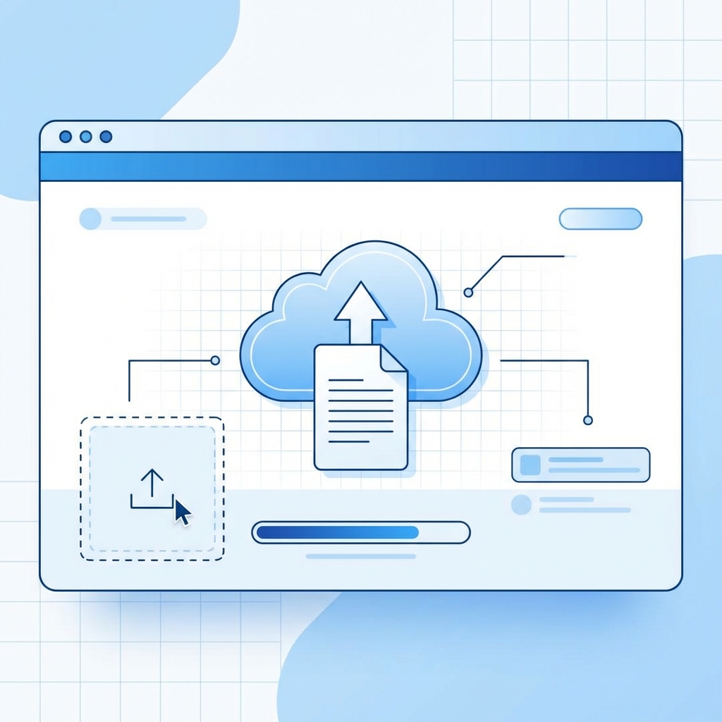 An interface of a web page showing a document upload icon, clean minimalist web design, blue and white color palette, professional tech illustration style, 1:1 aspect ratio, no visible text.