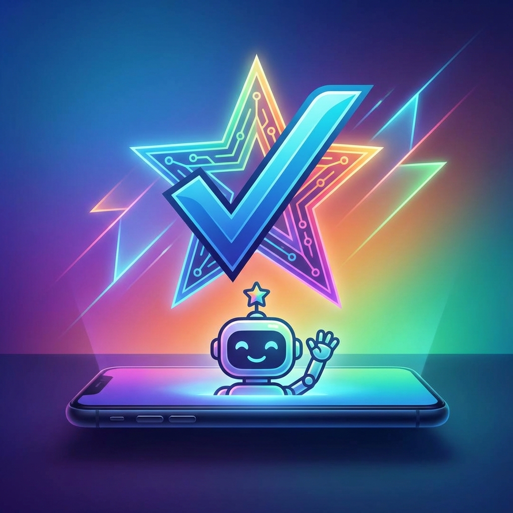 A smartphone screen showing a checkmark and a welcome message with a stylized AI star icon, colorful gradient background, modern digital art style, 1:1 aspect ratio, no visible text.