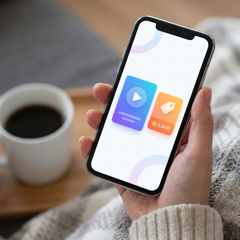 A modern smartphone screen displaying a streaming service gift card and a 5,000 won discount coupon, vibrant colors, clean UI design, lifestyle photography, 1:1 aspect ratio, no text.