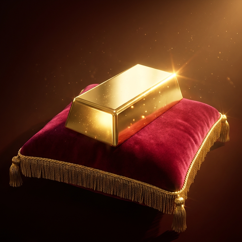 A luxurious gold bar placed on a velvet cushion with sparkling light effects, 3D rendering, high contrast, warm lighting, 1:1 aspect ratio, no text.