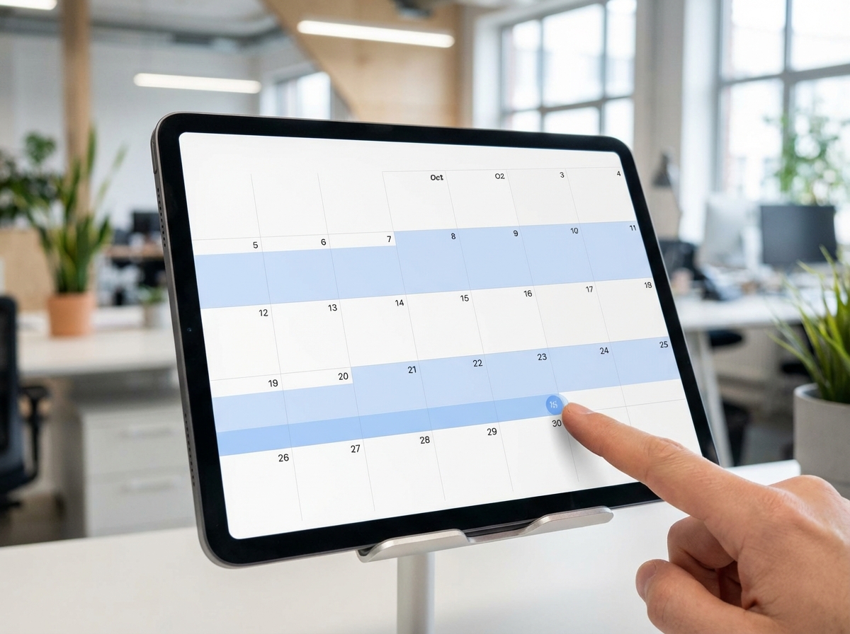 A digital calendar on a tablet showing a 2-month highlighted period, a finger pointing at the end date, modern office background, 4:3 aspect ratio, no text.