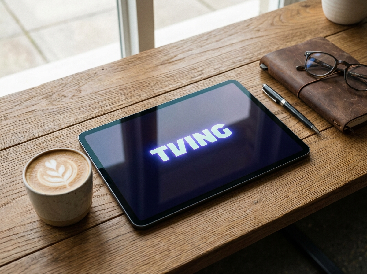 A sleek modern tablet displaying the TVING logo on a wooden desk with a cup of coffee, high resolution, soft natural lighting, 4:3 aspect ratio, no text.