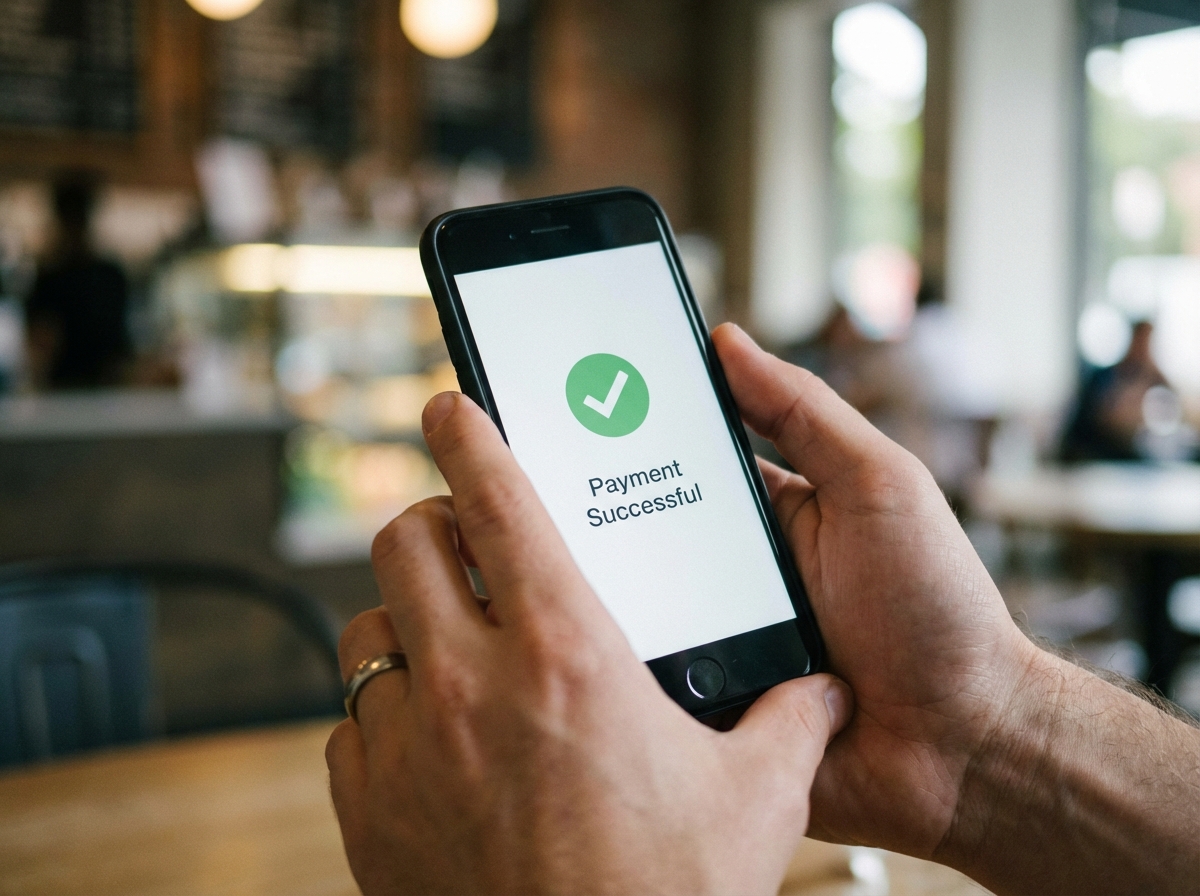 Close-up of a person hands holding a smartphone showing a digital payment confirmation screen with a clean interface, soft bokeh background, 4:3 aspect ratio, no text.