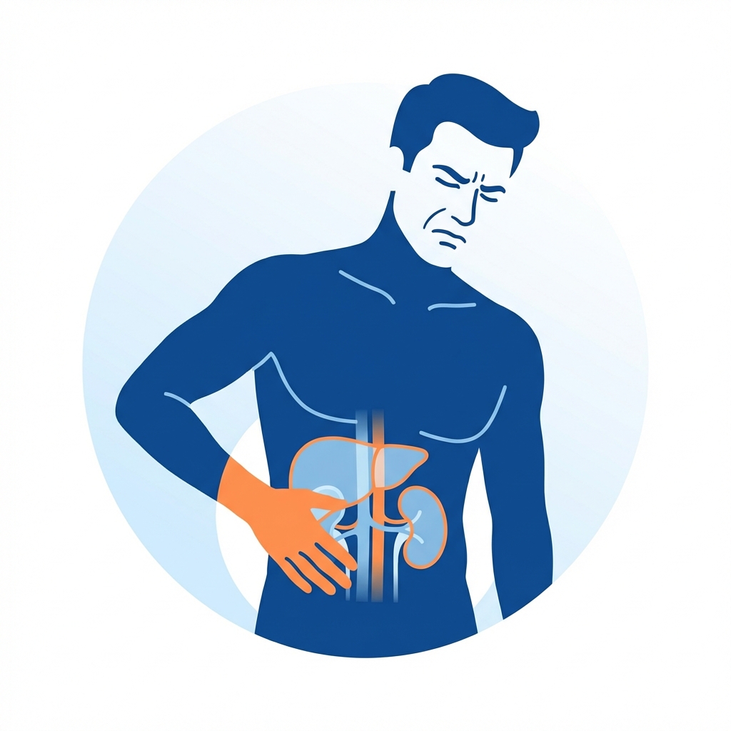 A clean and modern infographic illustration of a man touching his right side with a painful expression. The background is a soft gradient of light blue and white. The focus is on the human torso showing internal organ locations like liver and kidney in a stylized, non-scary way. 1:1 aspect ratio, high contrast, no text.