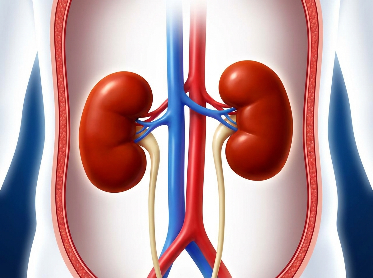 A professional medical illustration showing the anatomy of the kidneys and ureters in the human body. Bright and clear colors with a modern layout. High contrast between the organs and the background. 4:3 aspect ratio, no text, clean composition.