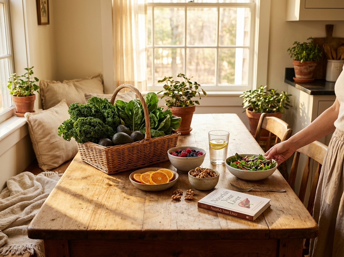 A warm lifestyle photography of healthy food like green vegetables and fruits on a wooden table. Natural sunlight streaming through a window. The scene represents a healthy lifestyle for liver recovery. 4:3 aspect ratio, high quality, warm lighting.