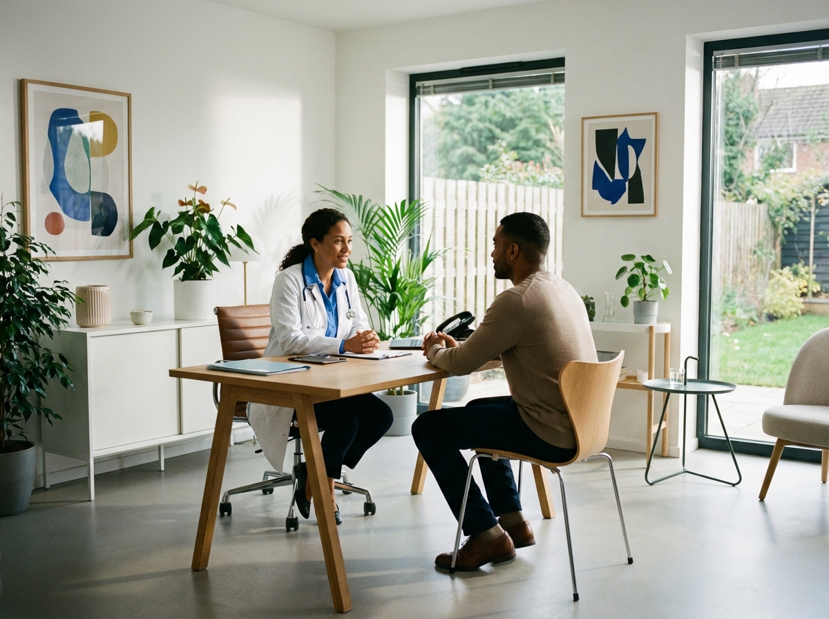 A realistic scene of a patient having a consultation with a doctor in a modern and bright medical office. Professional and caring atmosphere. High quality photography, natural skin tones, no visible text. 4:3 aspect ratio.