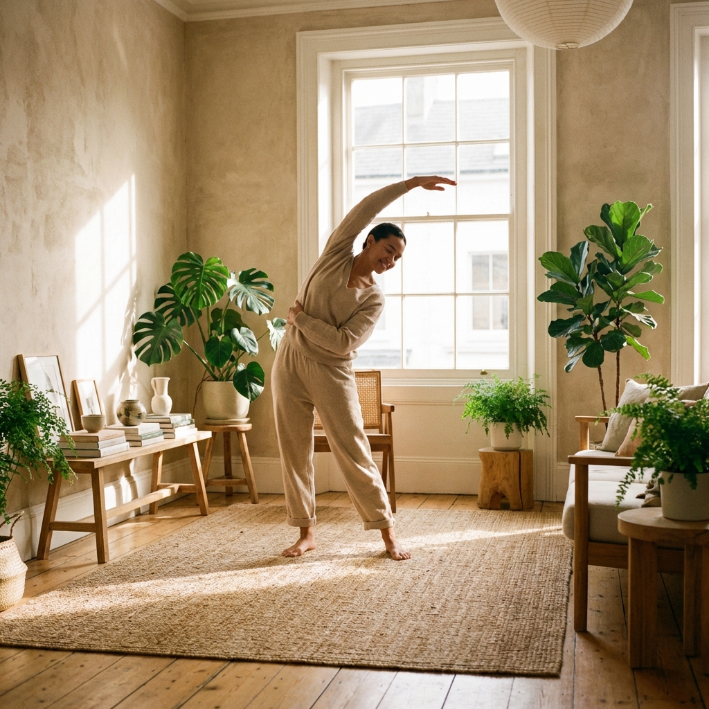 A high-quality lifestyle image of a person doing gentle side stretches in a bright living room with morning sunlight. The mood is peaceful and healthy. Textured background with plants. 1:1 aspect ratio, no text.