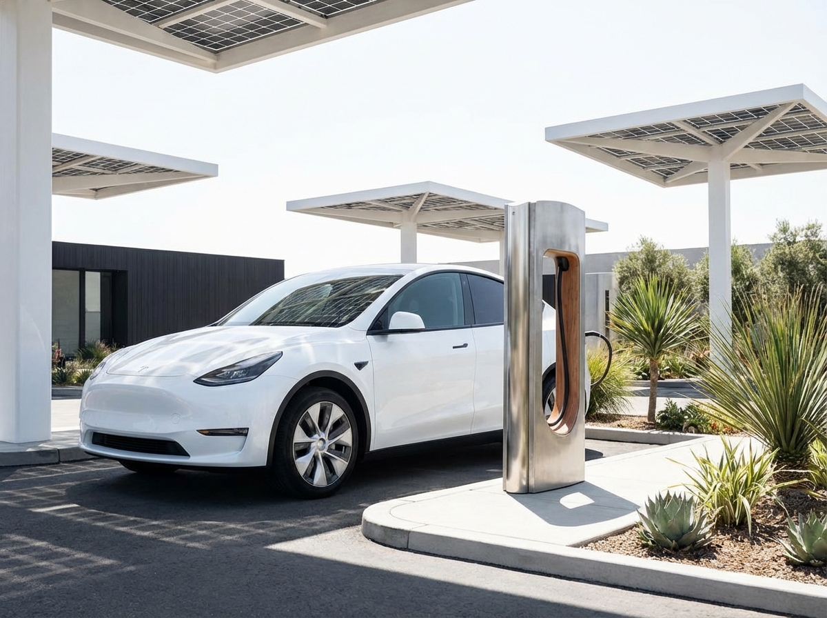 A white Tesla Model Y charging at a modern supercharger station, clean design, bright daylight, high contrast, 4:3 aspect ratio, no text.
