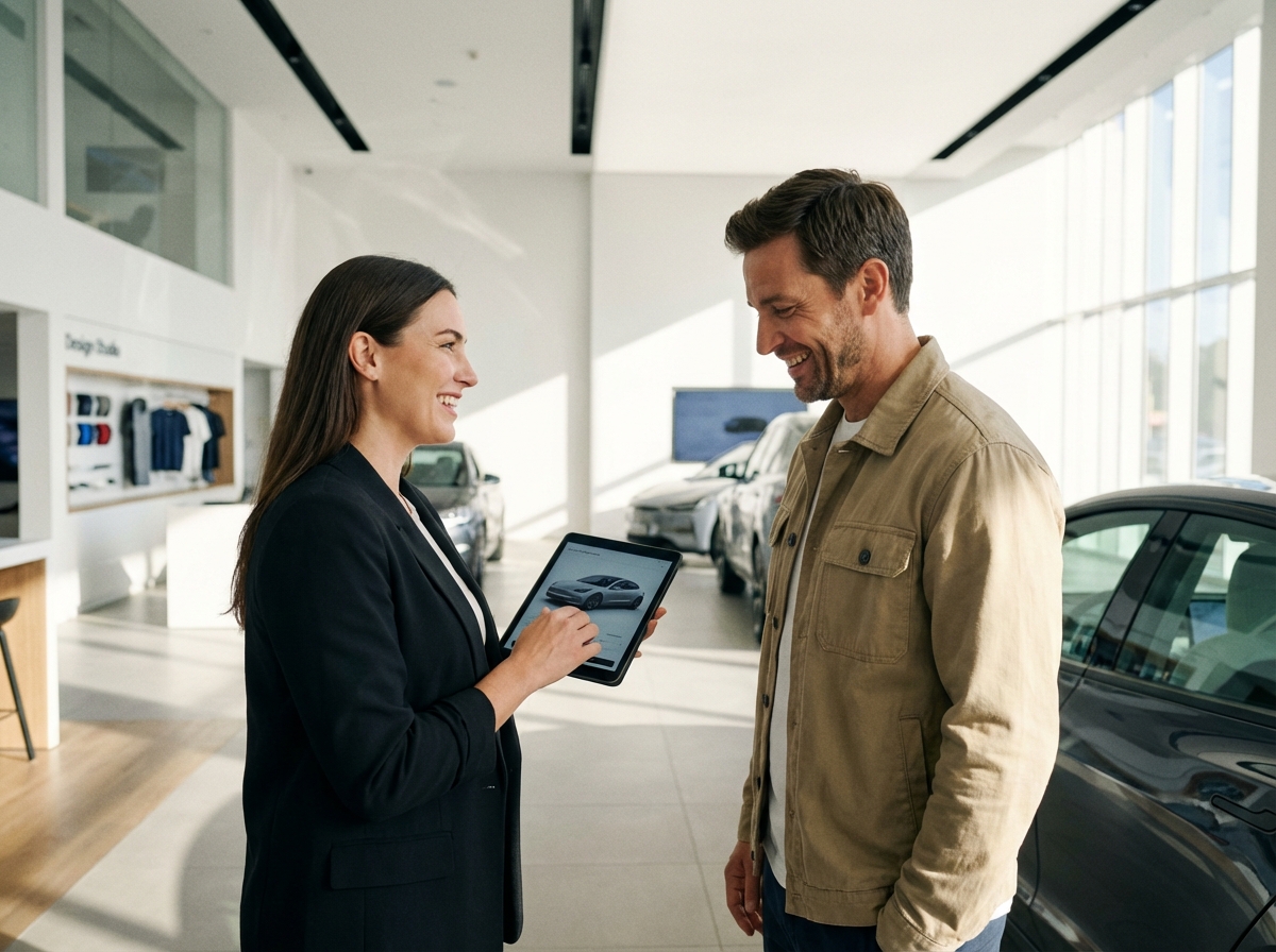 A professional consultant showing a digital tablet to a customer in a clean, modern automotive showroom, friendly atmosphere, 4:3 aspect ratio, no text.