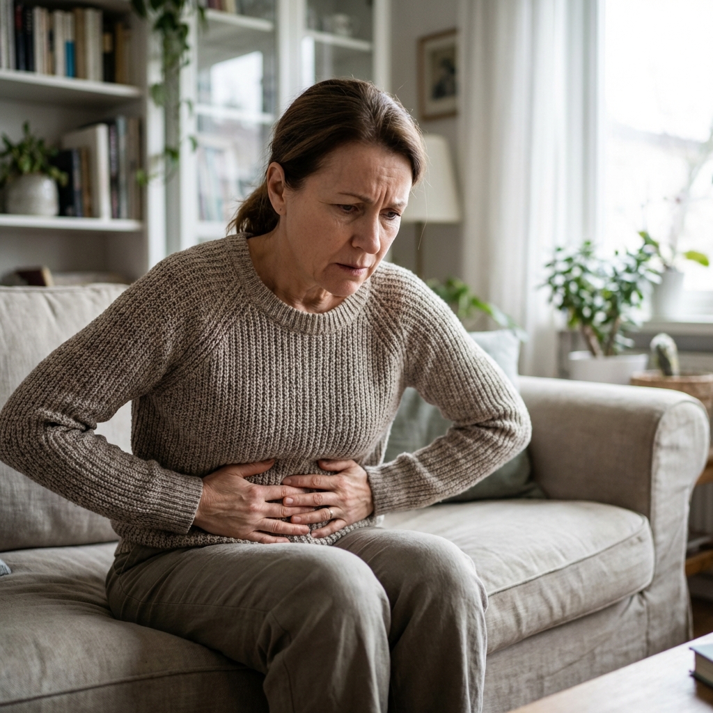 A person holding their upper stomach area with a concerned expression, soft indoor lighting, realistic photography style, natural clothing, 1:1 aspect ratio, no text.