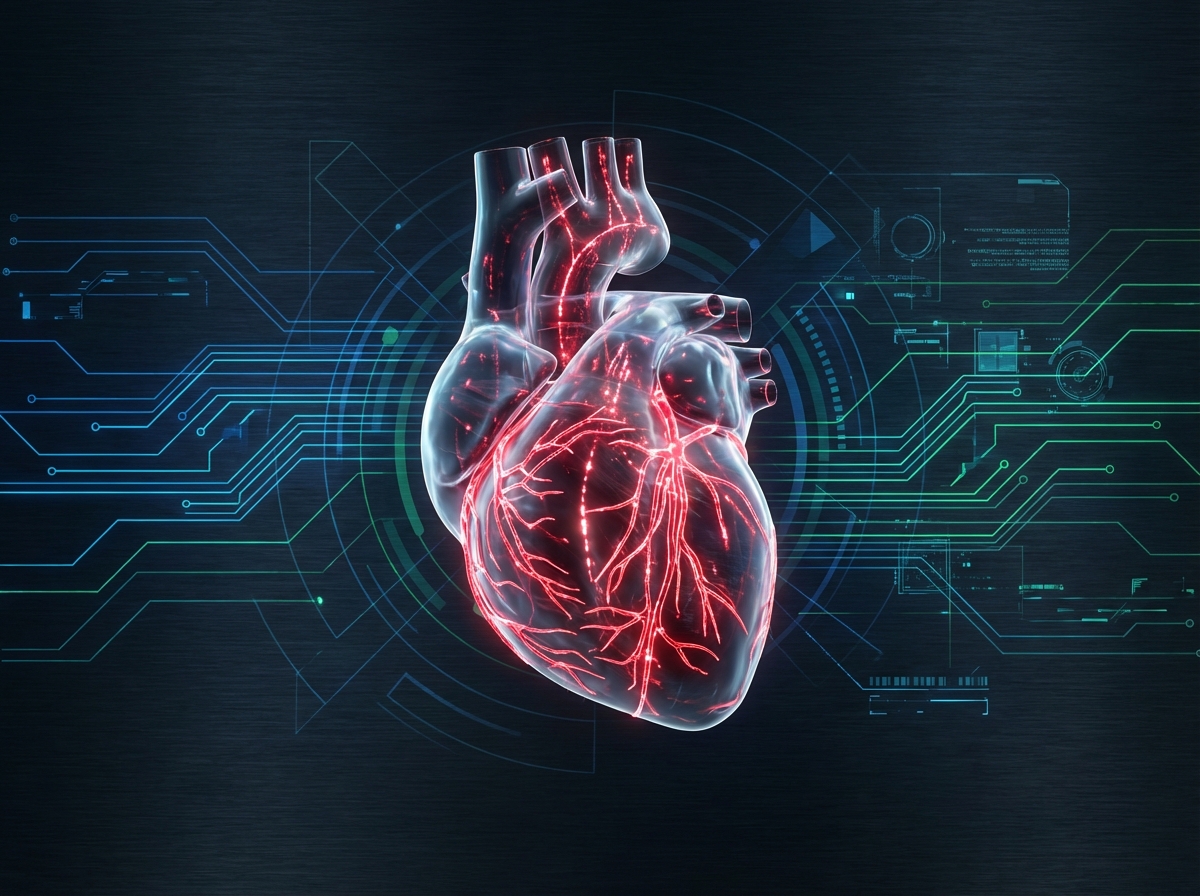 Conceptual 3D rendering of a healthy human heart with glowing red energy lines representing blood flow, dark background with medical tech aesthetics, high contrast, 4:3 aspect ratio, no text.