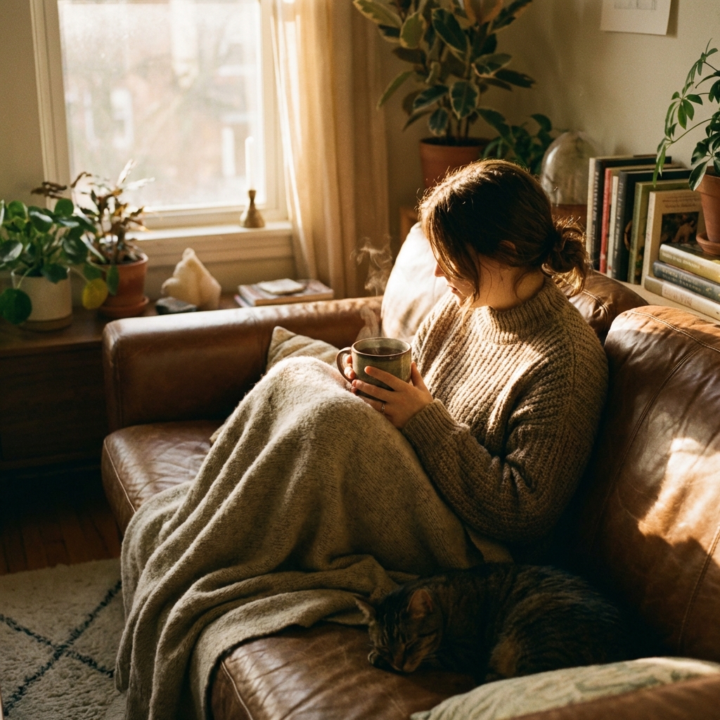 A cozy lifestyle photo of a person sitting on a sofa with a warm herbal tea, soft blanket, warm golden hour lighting, peaceful atmosphere, realistic photography, 1:1 aspect ratio, no text.