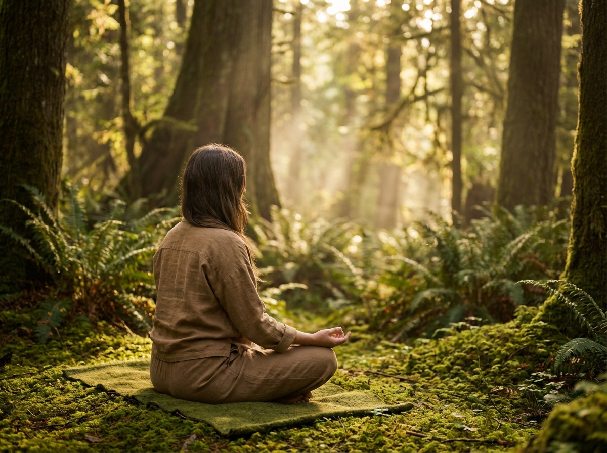 A person practicing yoga or meditation in a sunlit forest, lush green background with bokeh effect, calm and healing vibes, high resolution photography, 4:3 aspect ratio, no text.