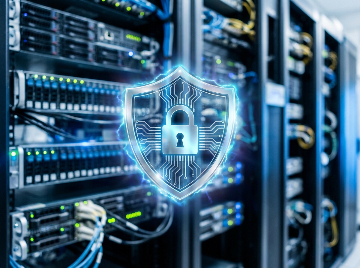 A glowing digital security shield icon over a blurred background of a data server room, cool blue and silver tones, high contrast, aspect ratio 4:3, no text.