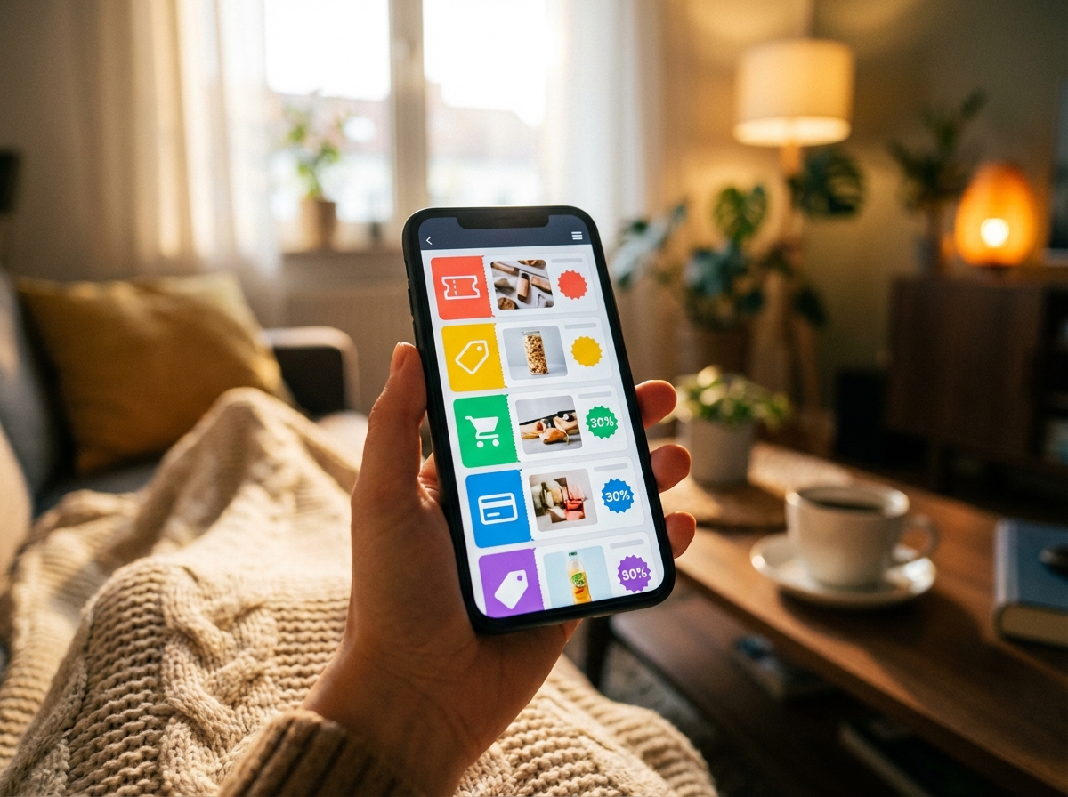 A realistic close-up of a hand holding a smartphone showing a list of digital shopping coupons, warm lifestyle lighting, focus on the screen, aspect ratio 4:3, no text.