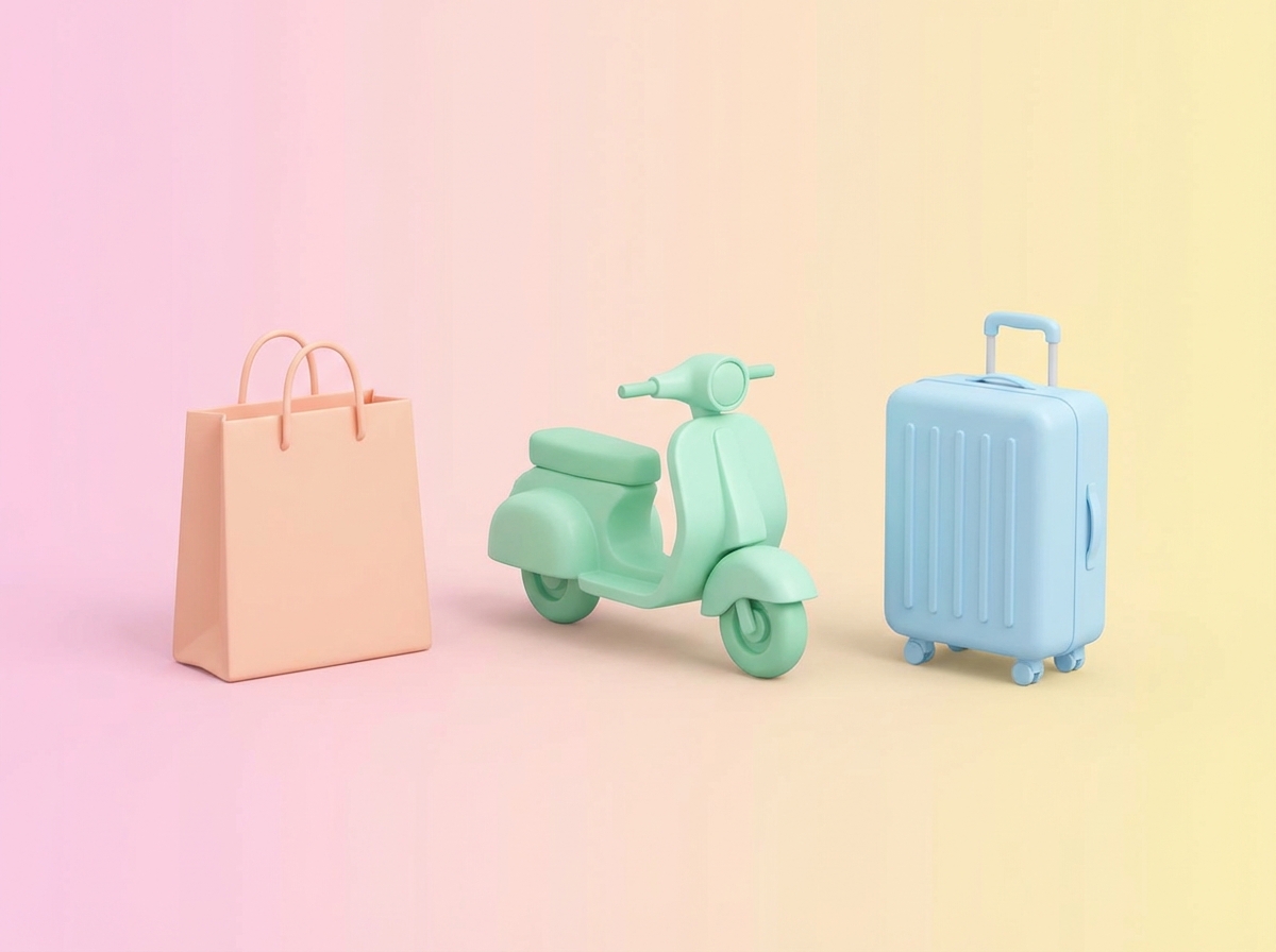 Minimalist 3D icons of a shopping bag, a delivery scooter, and a suitcase arranged neatly on a pastel background, high quality rendering, aspect ratio 4:3, no text.