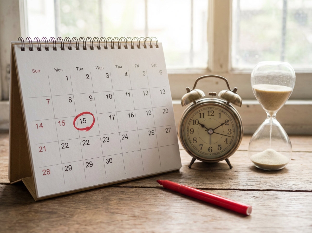 A desktop calendar with a red circle around a date, a clock and a hourglass nearby indicating time passing, soft natural light, aspect ratio 4:3, no text.