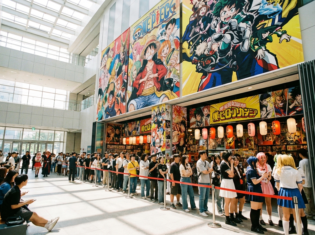 A wide shot of a vibrant Japanese manga themed popup store entrance in a modern department store plaza in Busan, colorful character banners of One Piece and My Hero Academia, people waiting in a line, bright and lively atmosphere, 4:3 aspect ratio, no text