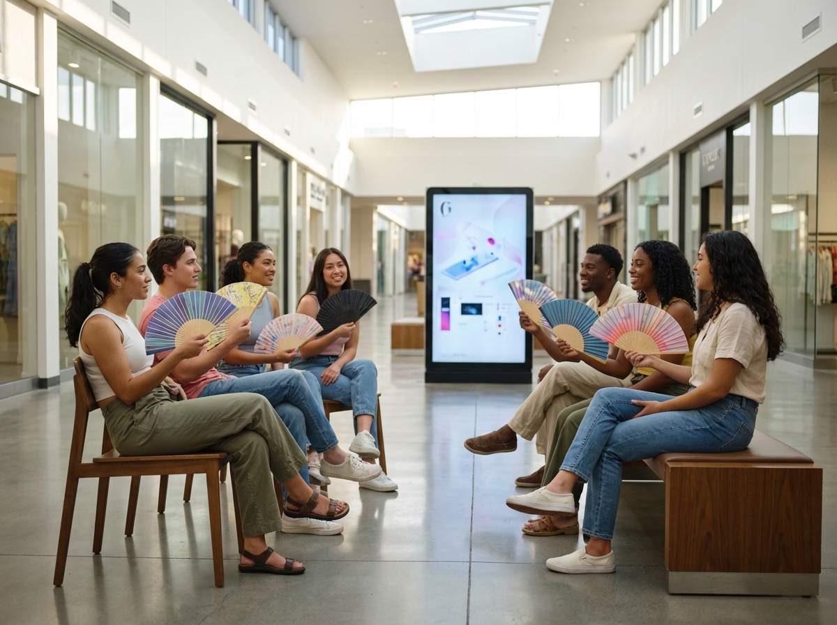 A group of young people sitting on chairs in a modern mall plaza waiting for a store to open, holding hand fans, digital kiosk in the background, bright morning indoor lighting, 4:3 aspect ratio, no text