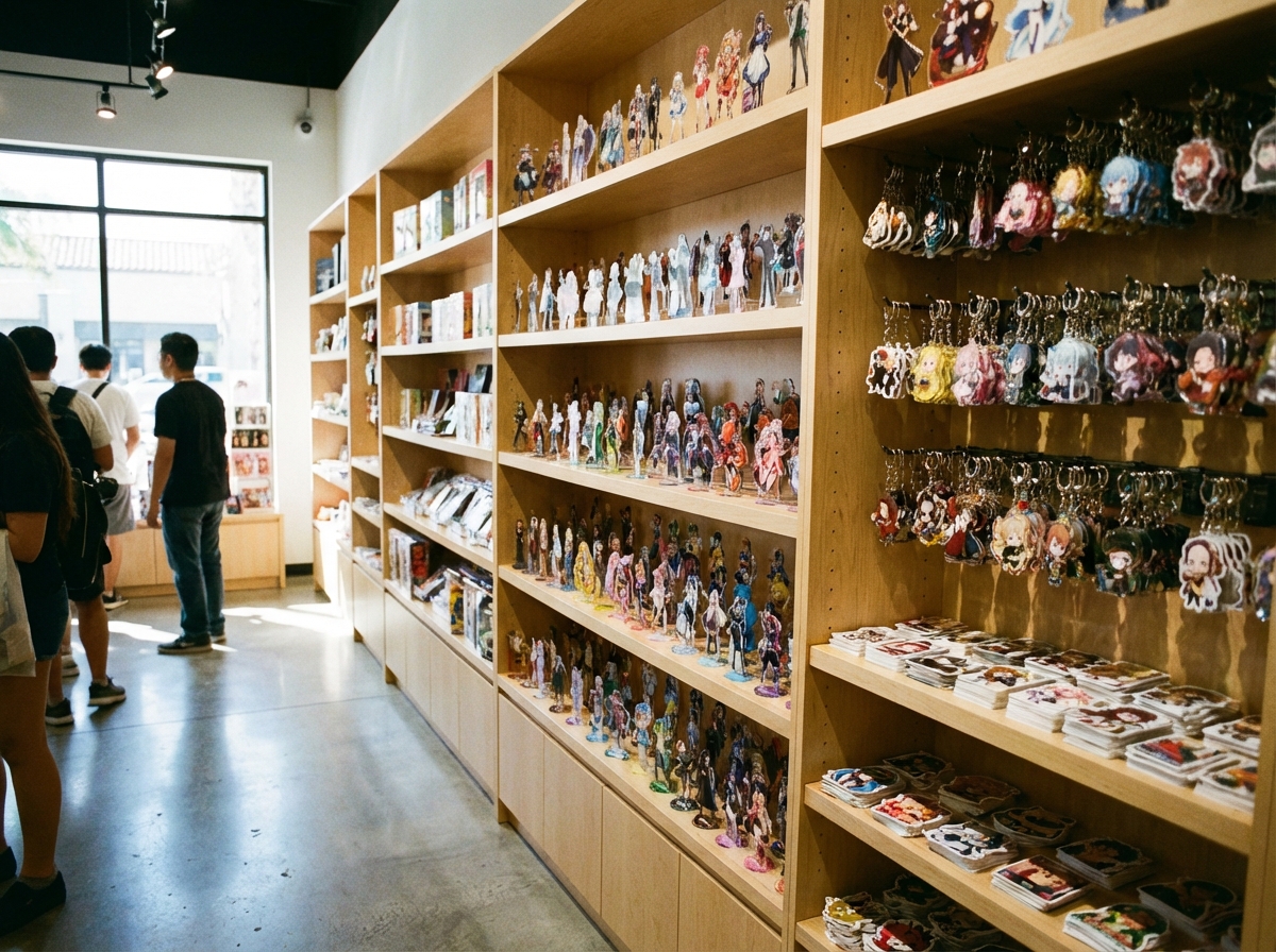 Shelves filled with various anime character merchandise, acrylic stands, keychains, and stickers, vibrant colors, clear focus on products, high quality store interior, 4:3 aspect ratio, no text