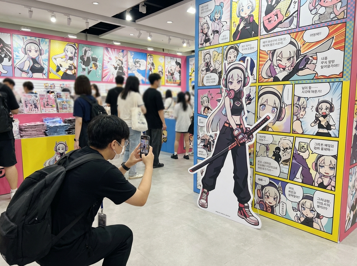 A life-sized character standee and colorful graphic wall of a popular manga series in a popup store, a fan taking a picture from a distance, bright indoor lighting, 4:3 aspect ratio, no text