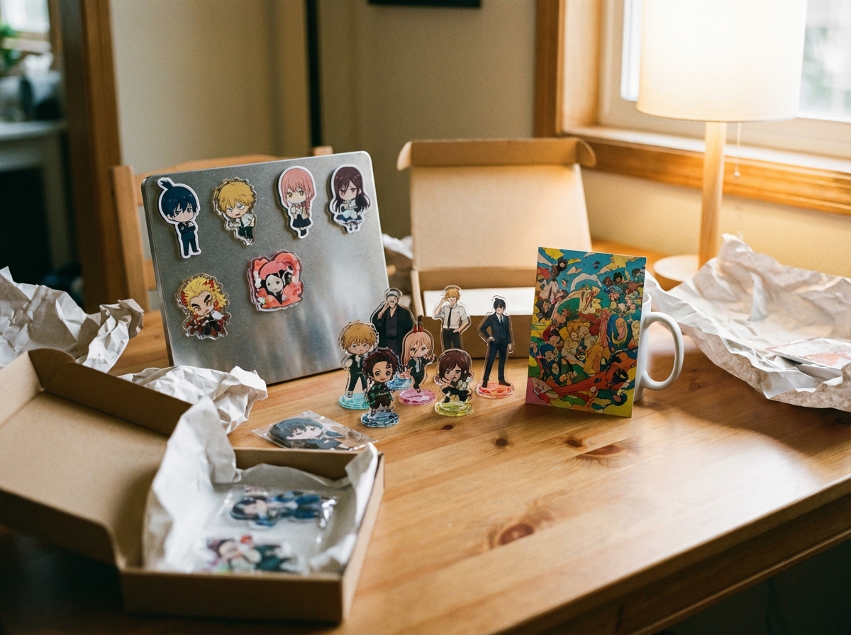 A wooden table showing opened anime merchandise, character magnets, small acrylic stands, and a colorful postcard, warm indoor lighting, lifestyle photography style, 4:3 aspect ratio, no text